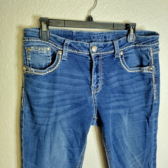 GRACE IN LA RHINESTONE STUDD EMBROIDERED THICK STITCH BOOTcut Jeans Sz 30x31 - Picture 3 of 9